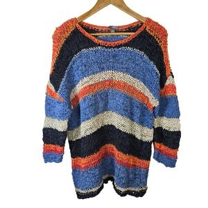 J Jill Striped Knit Sweater Womens Large Blue Orange Black‎ Cotton Blend